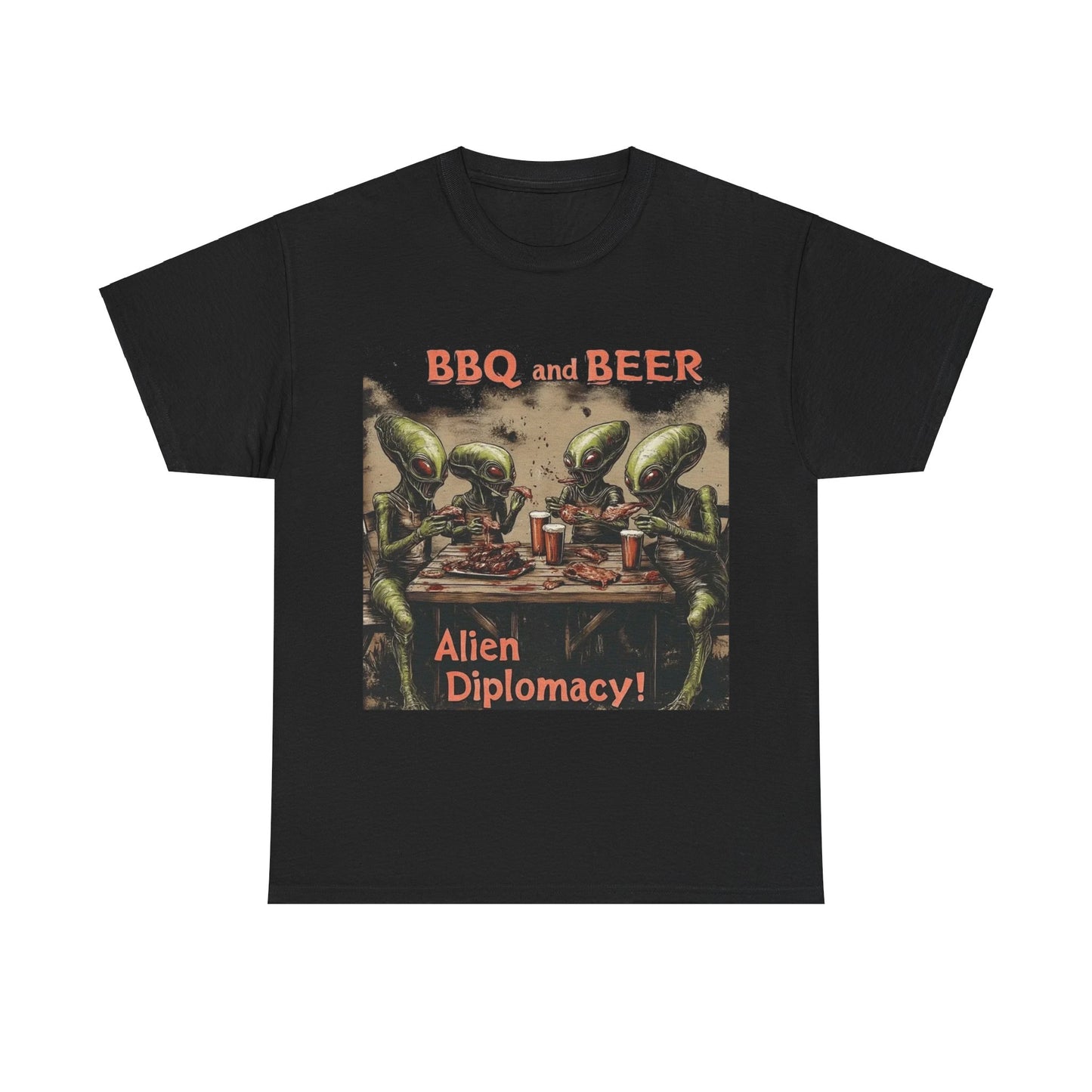 "BBQ and Beer, Alien Diplomacy!" T-Shirt, Fun Alien Tee