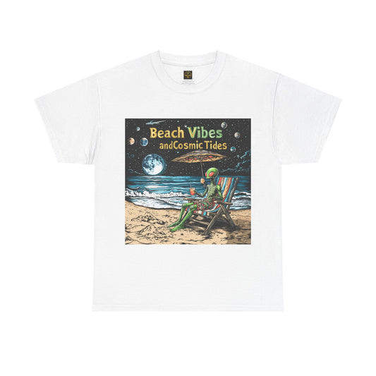 Beach VIbes and Cosmic Tides Alien T-shirt, Fun Alien Beach Tee