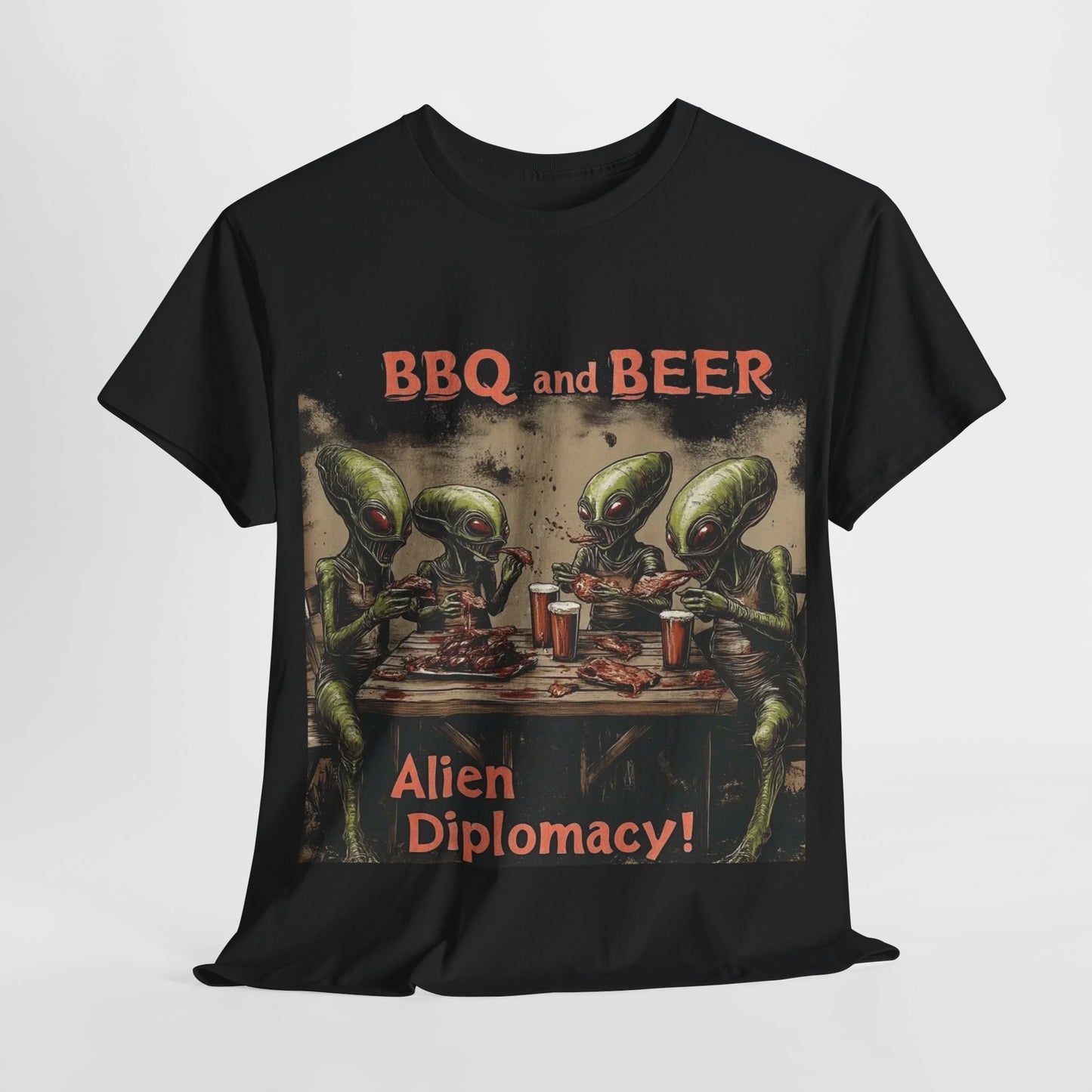 "BBQ and Beer, Alien Diplomacy!" T-Shirt, Fun Alien Tee