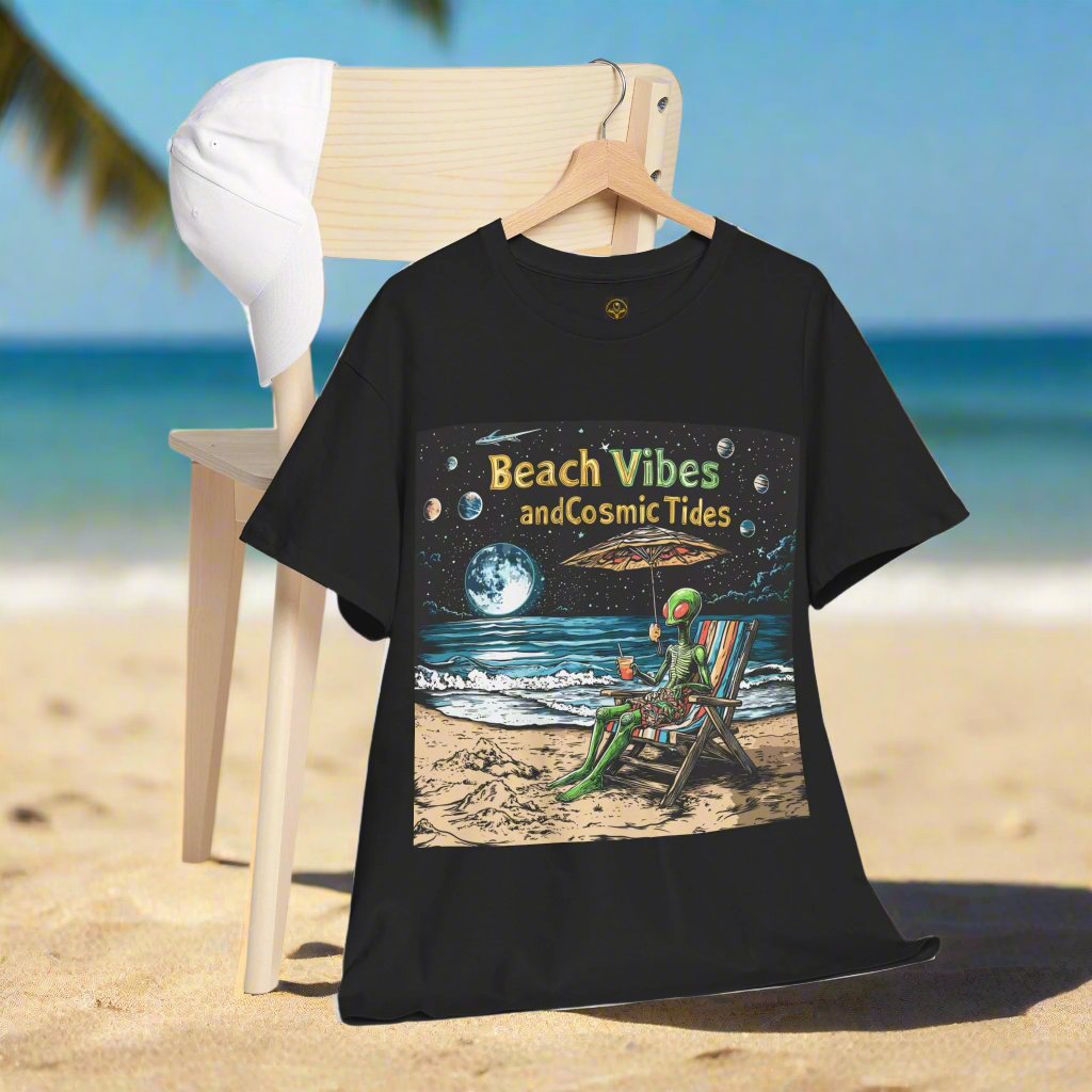 Beach VIbes and Cosmic Tides T-Shirt, Alien Tee, Beach T-Shirt