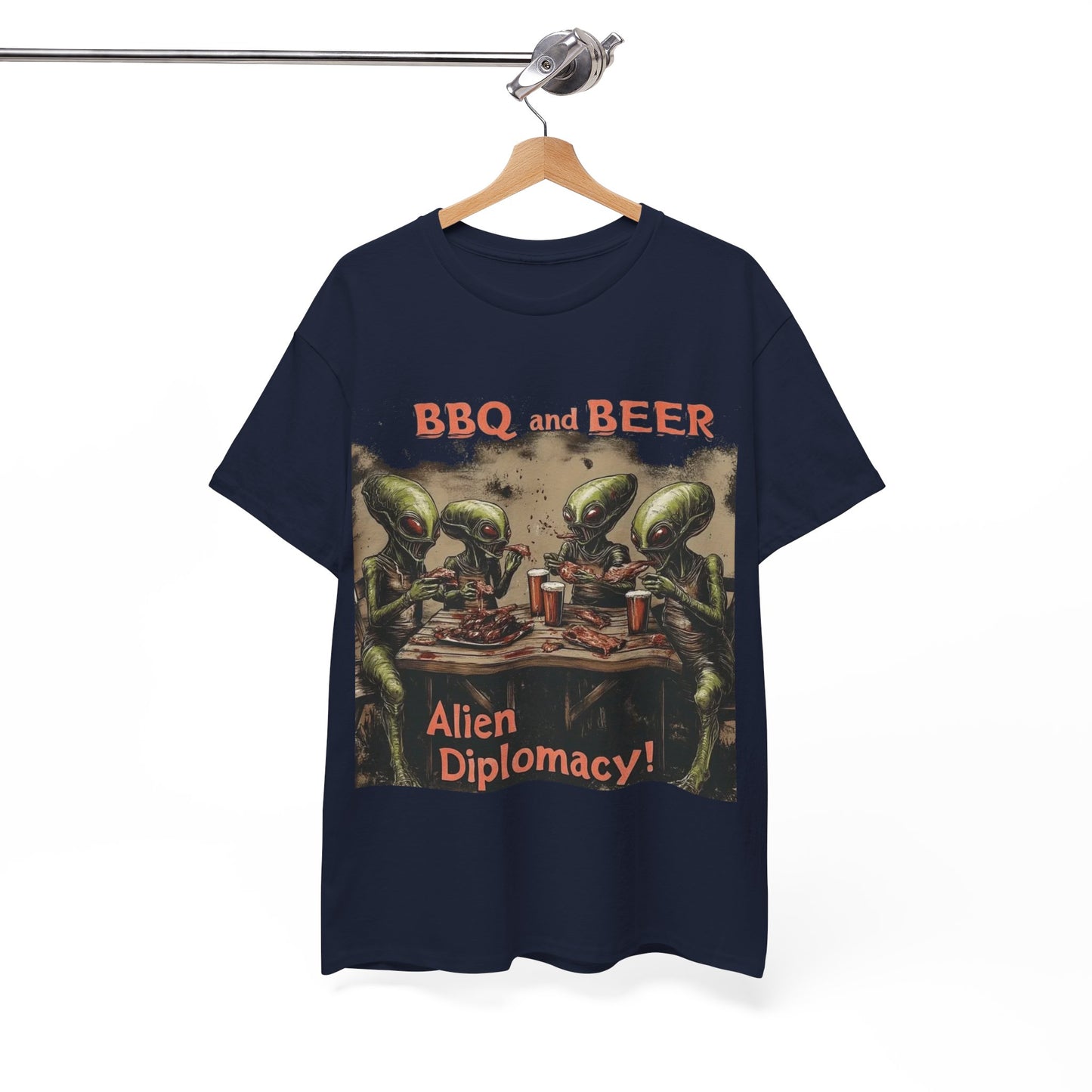 "BBQ and Beer, Alien Diplomacy!" T-Shirt, Fun Alien Tee