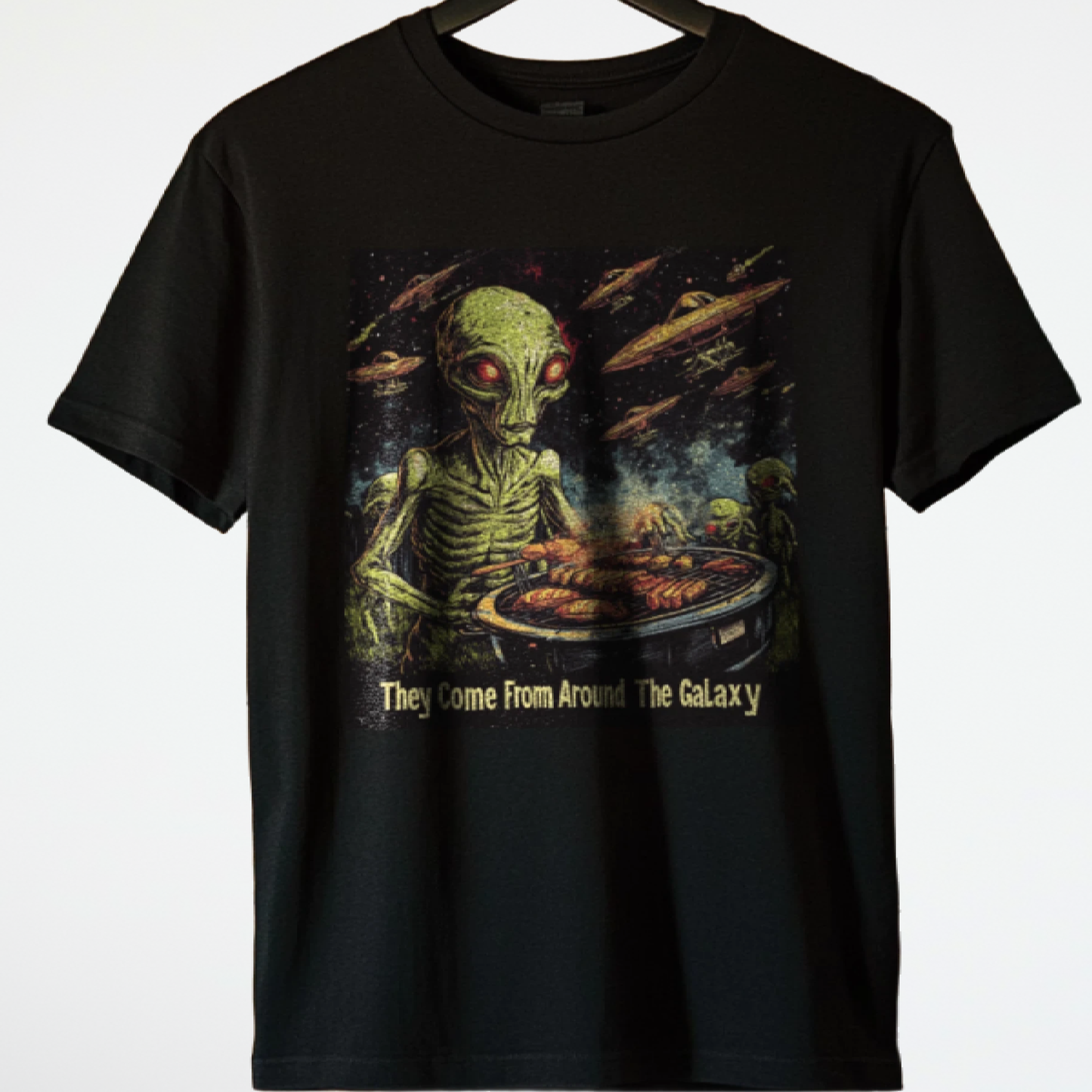 They Come from Around The Galaxy Alien T-Shirt, Alien Grilling Tee