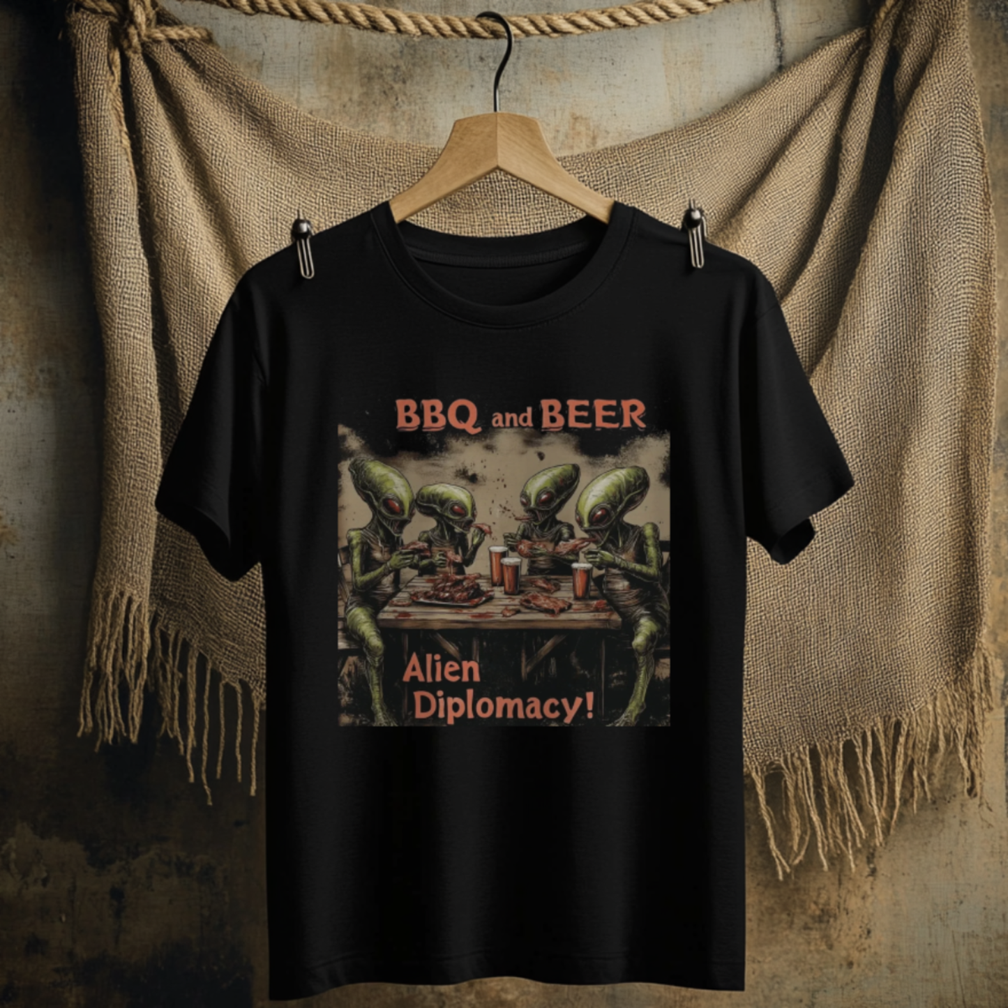 "BBQ and Beer, Alien Diplomacy!" T-Shirt, Fun Alien Tee