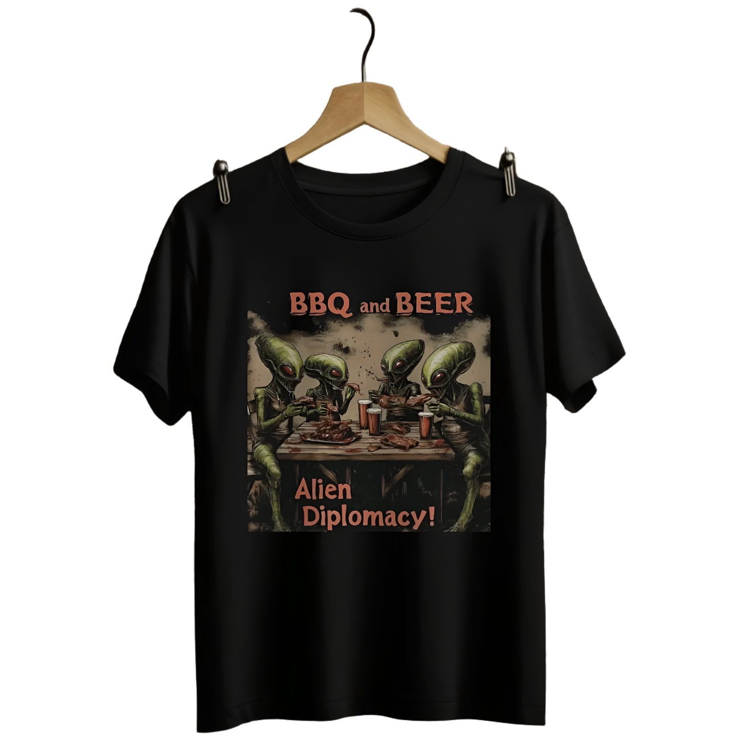 "BBQ and Beer, Alien Diplomacy!" T-Shirt, Fun Alien Tee