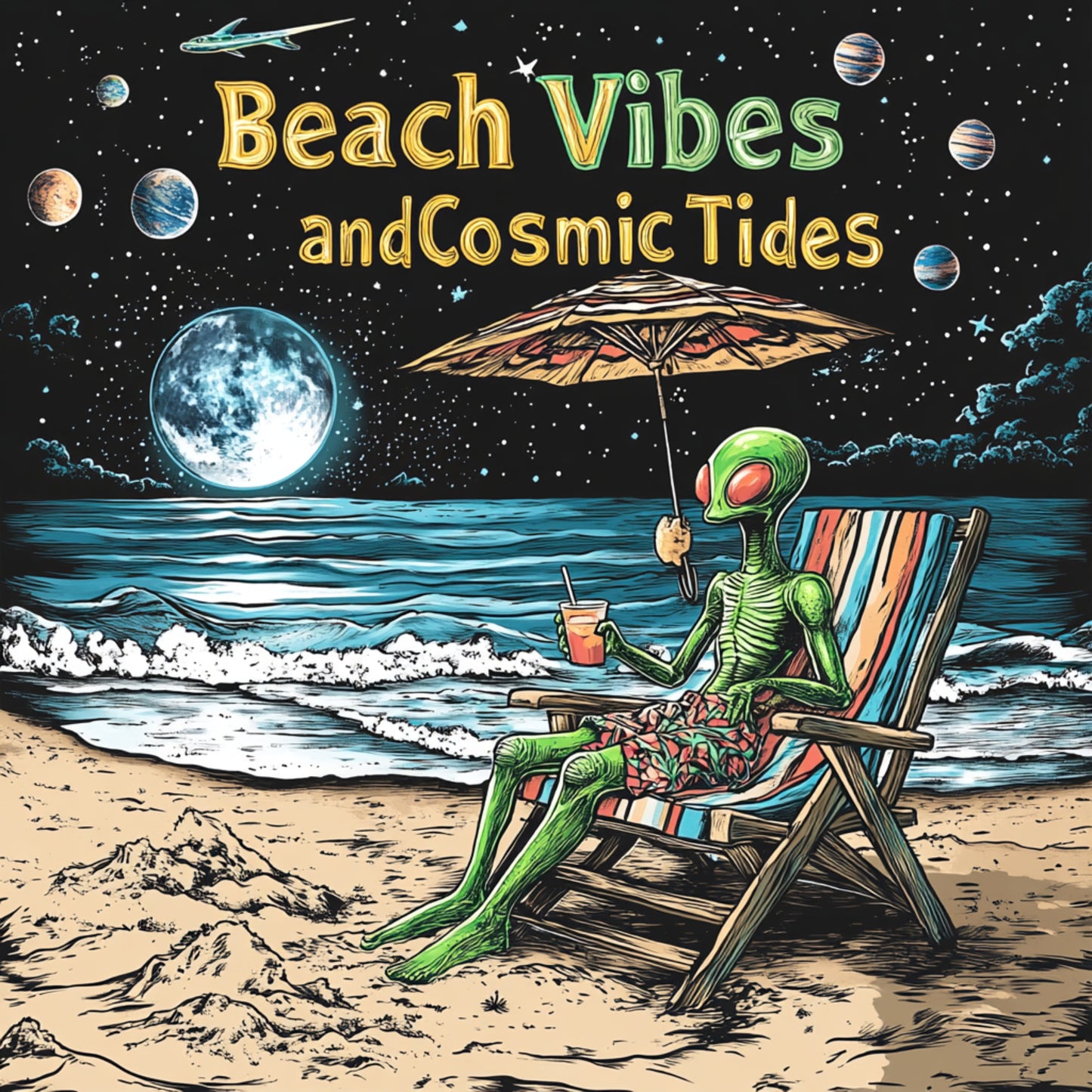 Beach VIbes and Cosmic Tides T-Shirt, Alien Tee, Beach T-Shirt