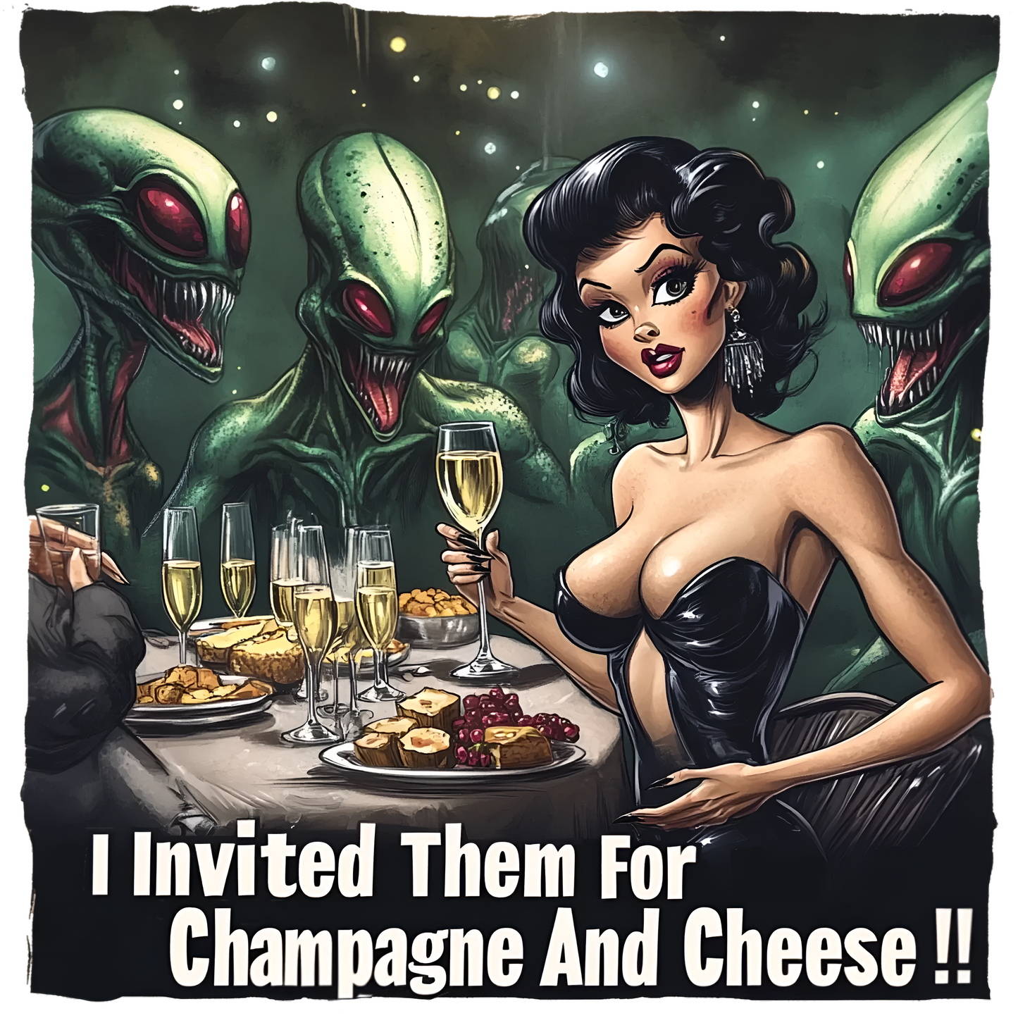 Alien Champagne and Cheese Tee - Funny Alien T-shirt