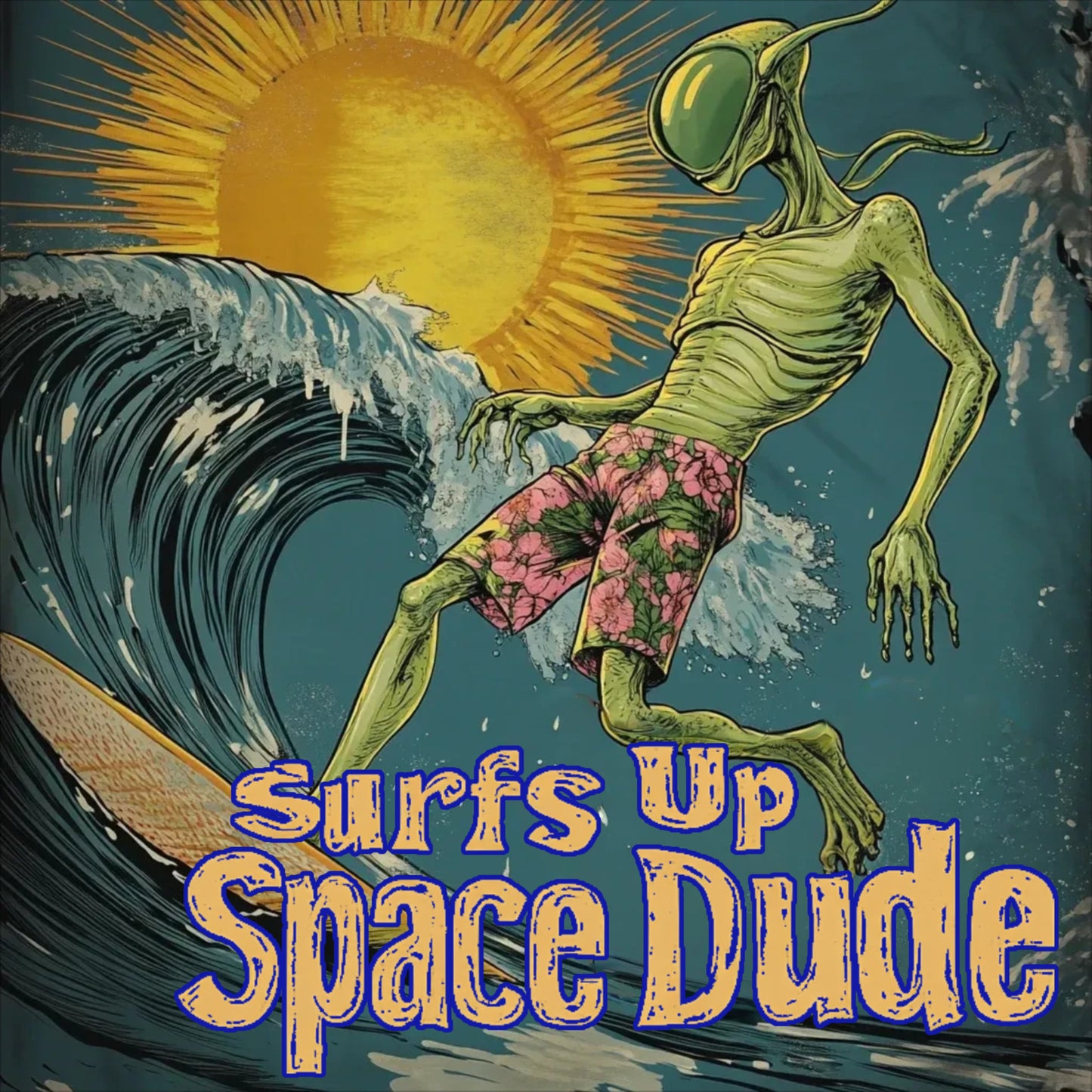 Surfs Up Space Dude Alien T-Shirt, Surfing Alien Tee