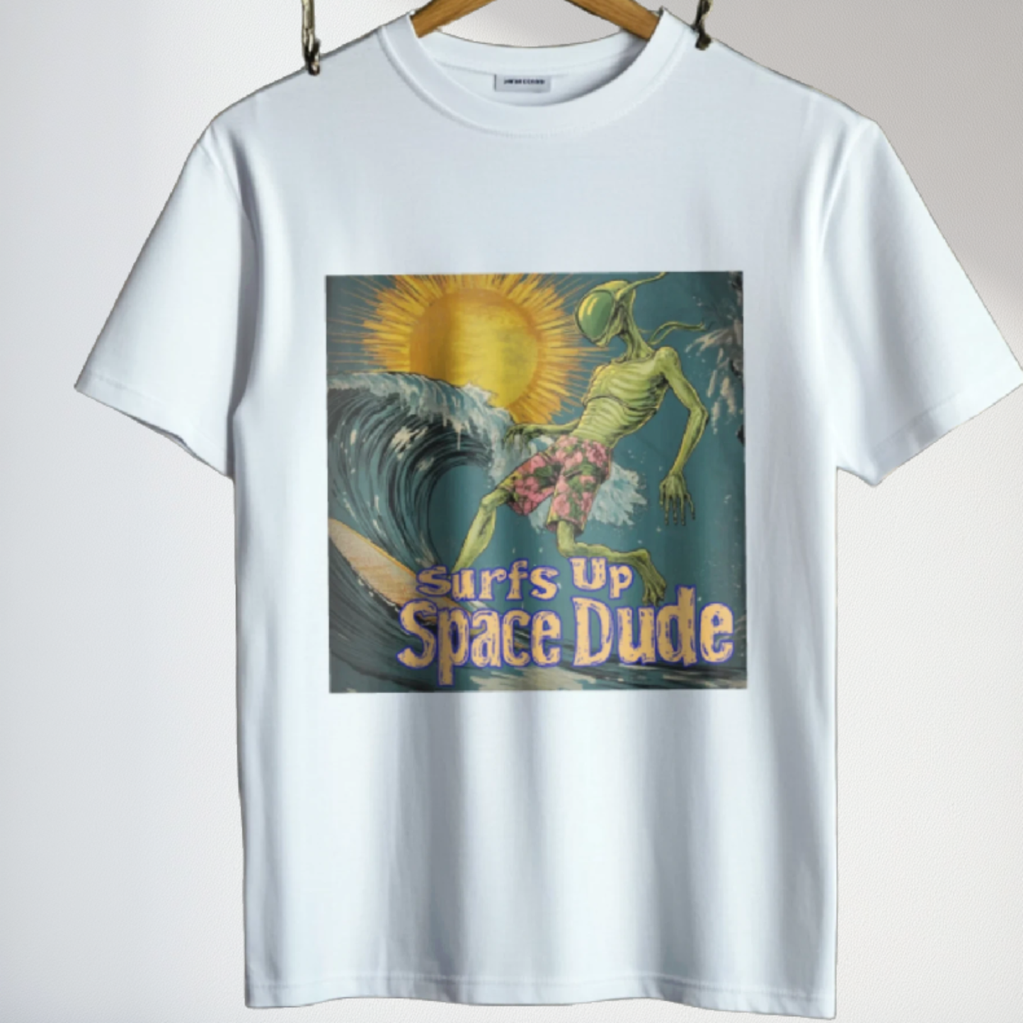 Surfs Up Space Dude Alien T-Shirt, Surfing Alien Tee