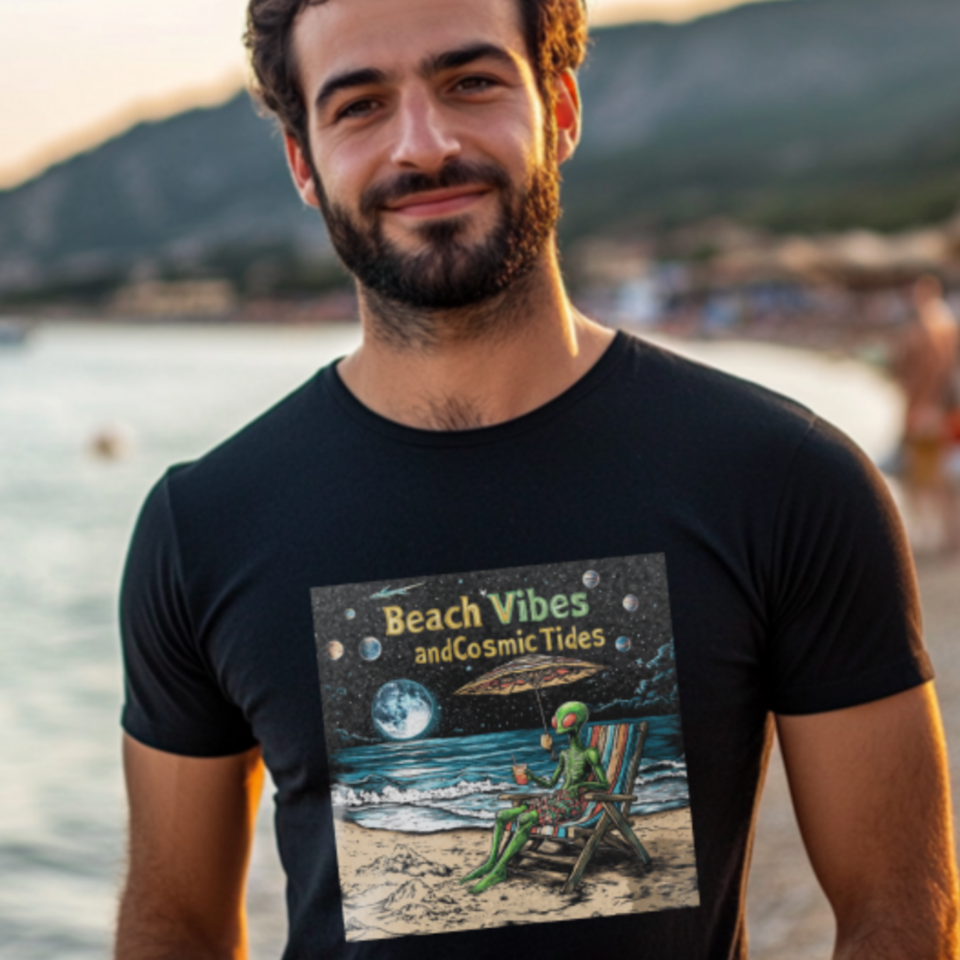 Beach VIbes and Cosmic Tides T-Shirt, Alien Tee, Beach T-Shirt