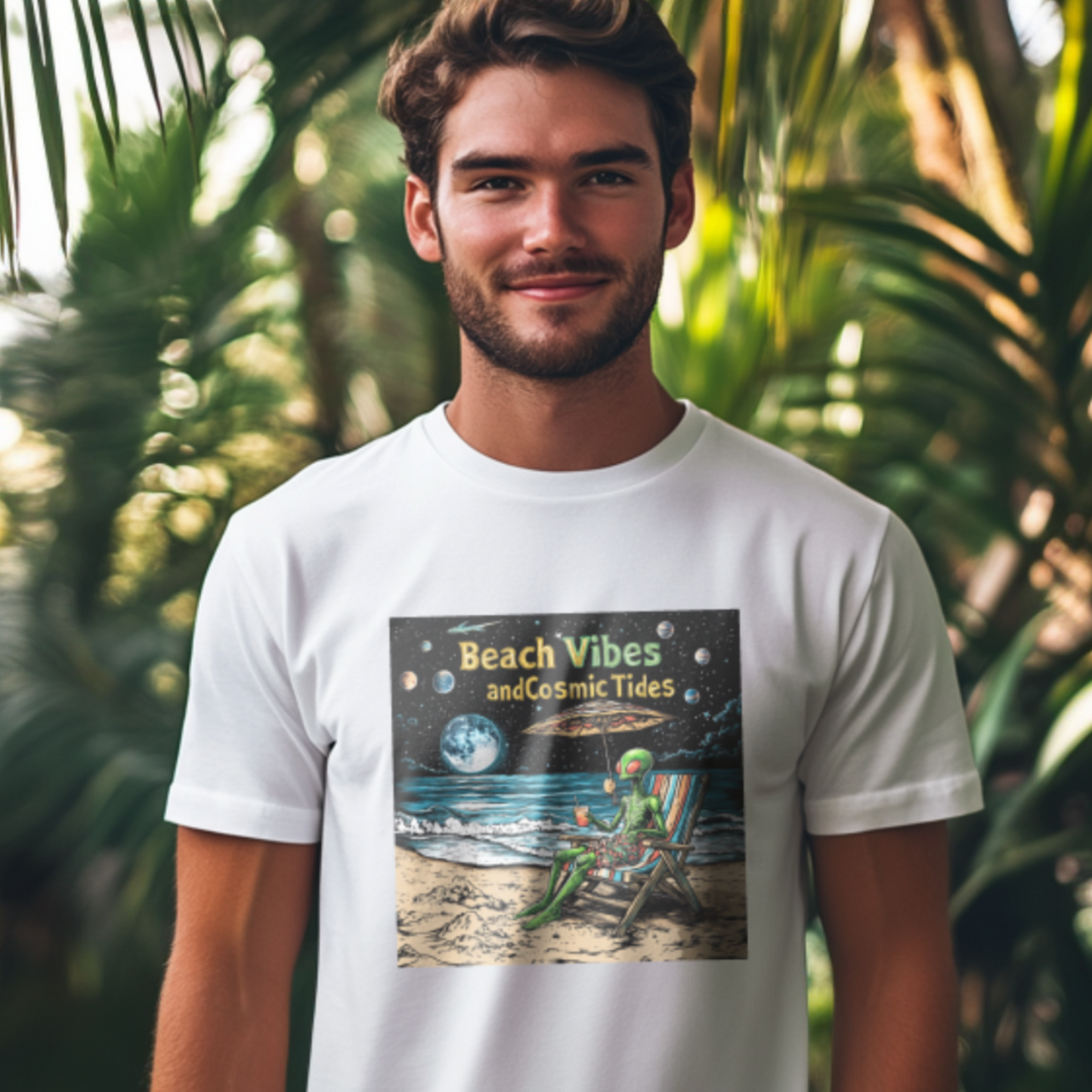 Beach VIbes and Cosmic Tides T-Shirt, Alien Tee, Beach T-Shirt