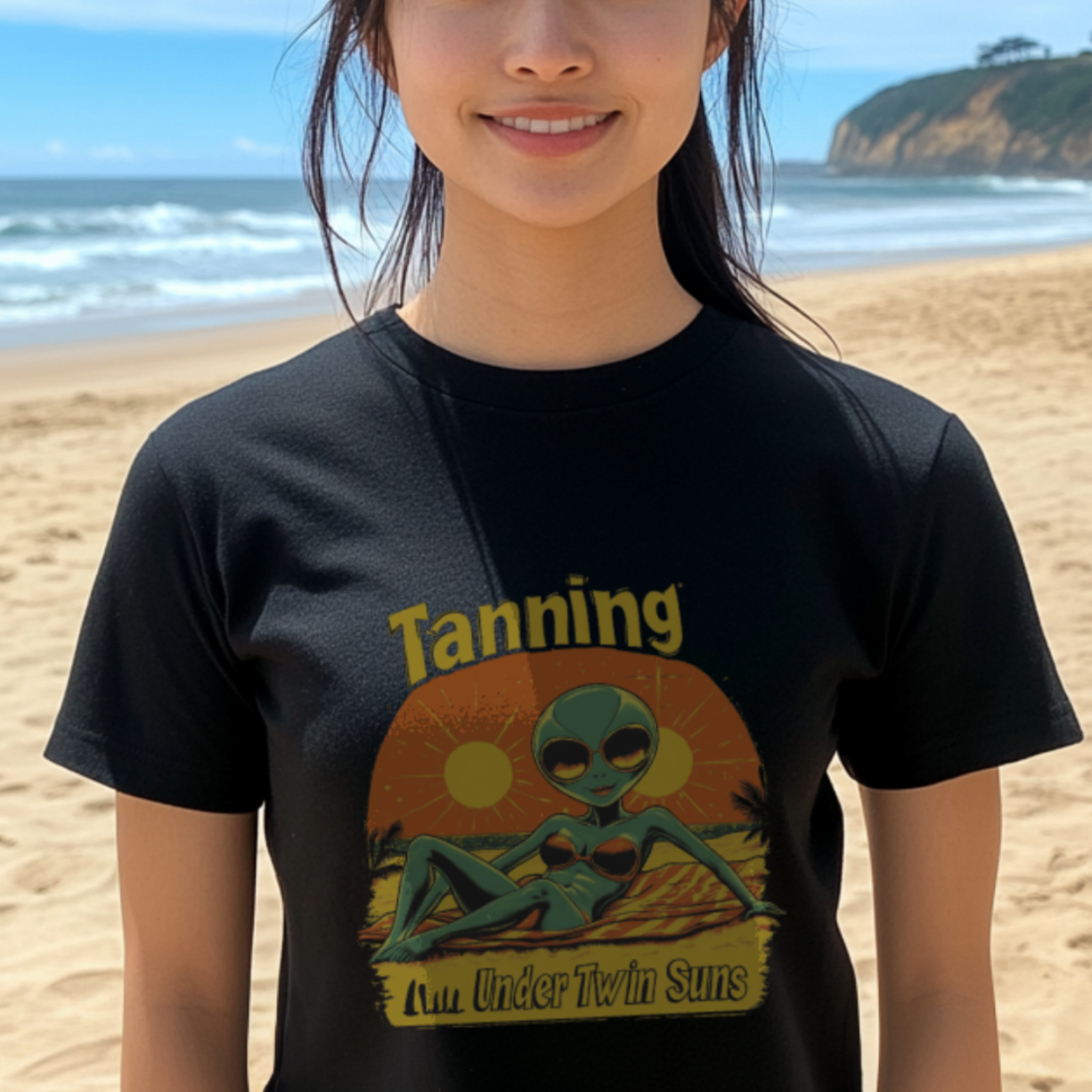 Tanning Under Twin Suns Alien Beach T-Shirt, Alien Tee