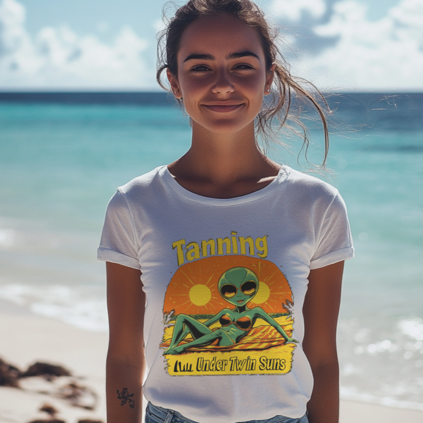 Tanning Under Twin Suns Alien Beach T-Shirt, Alien Tee