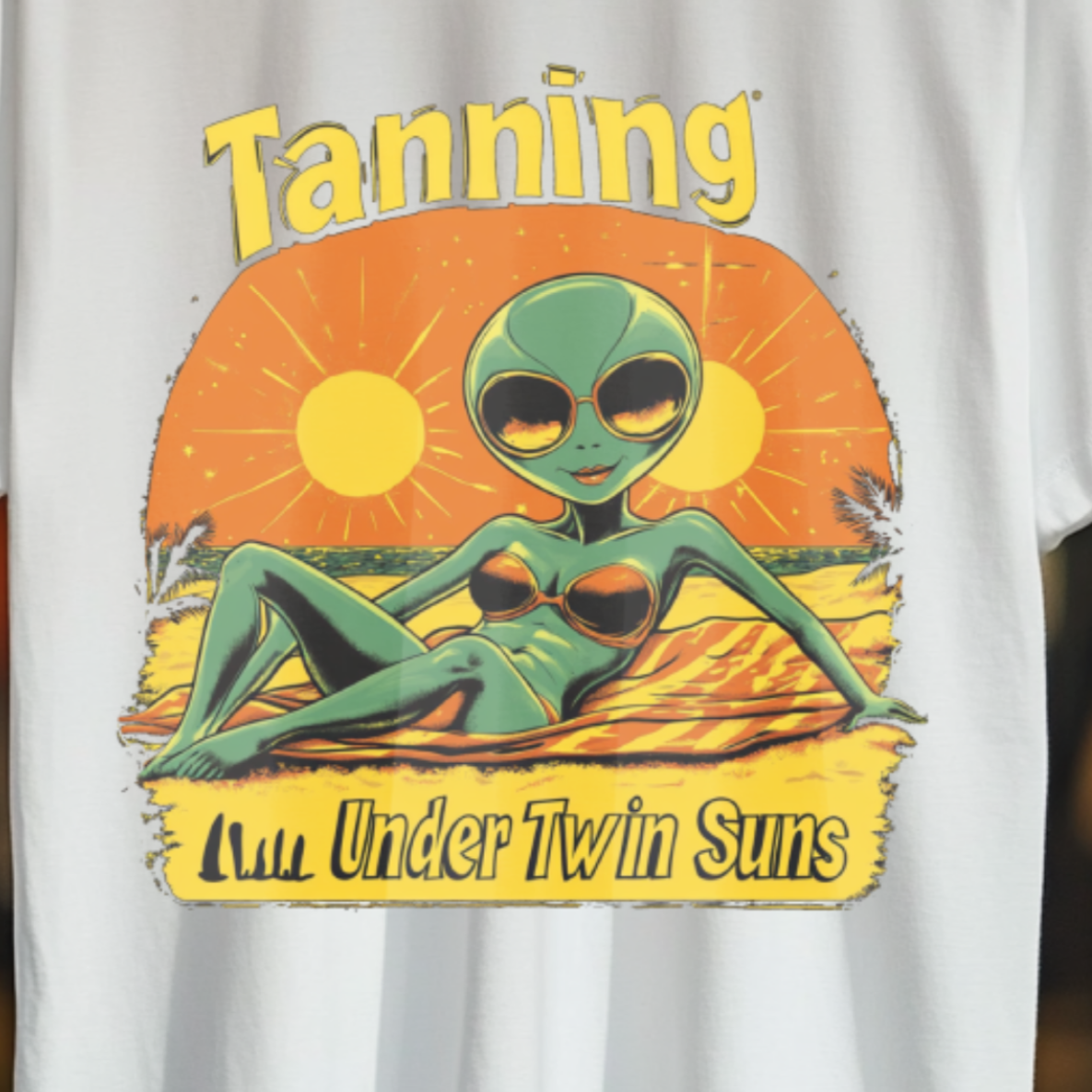 Tanning Under Twin Suns Alien Beach T-Shirt, Alien Tee